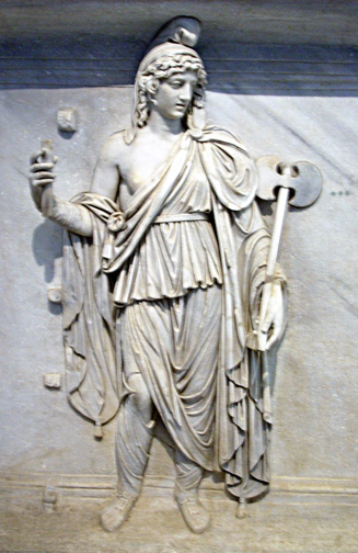 draped woman holding double axe and another object, now broken