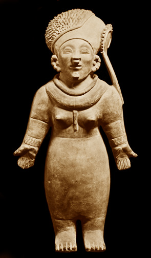 gorgeously rendered clay figurine of woman with outstretched palms, bare breasted, with headdress