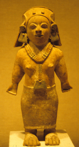 necklaced woman with downstretched arms, standing
