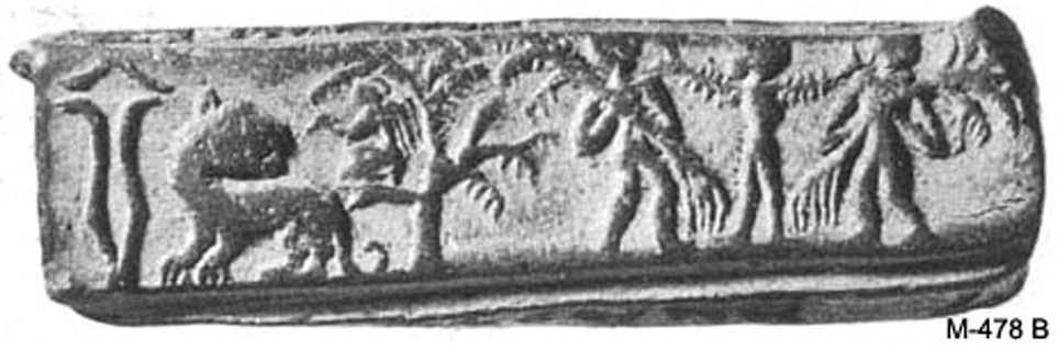 indus seal scene with tiger and woman between men brandishing tree branches