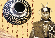 Kwakiutl chieftainess, Shipibo pot, and Nushu women's script from China