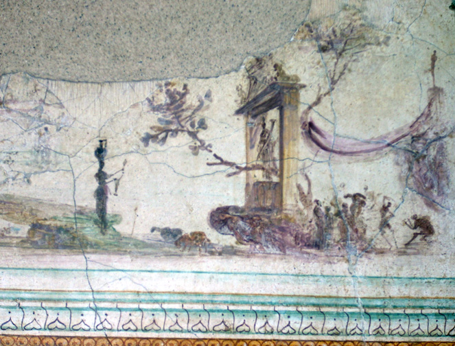 fresco of woman with pot on head pouring out offering before a goddess shrine