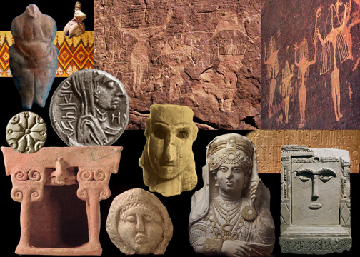 golden plaque with Ashtart; lion-flanked goddess in clay; a pillar figurine; three goddess scarabs