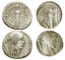 four coins with images of Diana